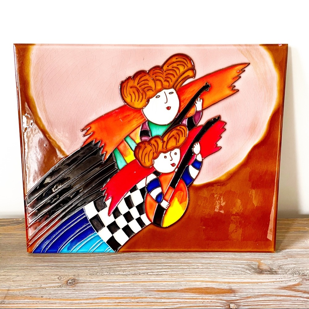 Joyce Roybal Whimsical Angel Tile with Stringed Instrument - 16” x 13”
